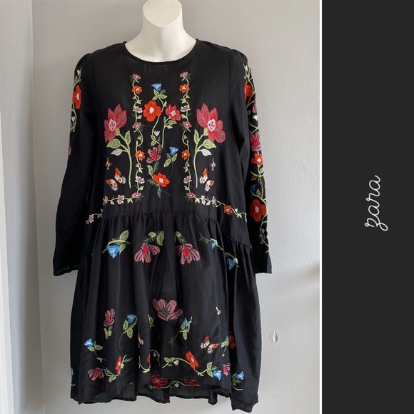 Zara Floral Embroidery LS Babydoll Dress Black XS - Picture 1 of 5